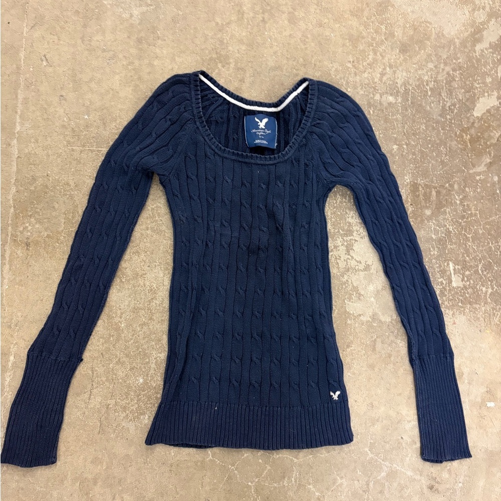 Vintage Y2K American Eagle‎ Outfitters Dark Blue Scoop Neck Sweater fishermen